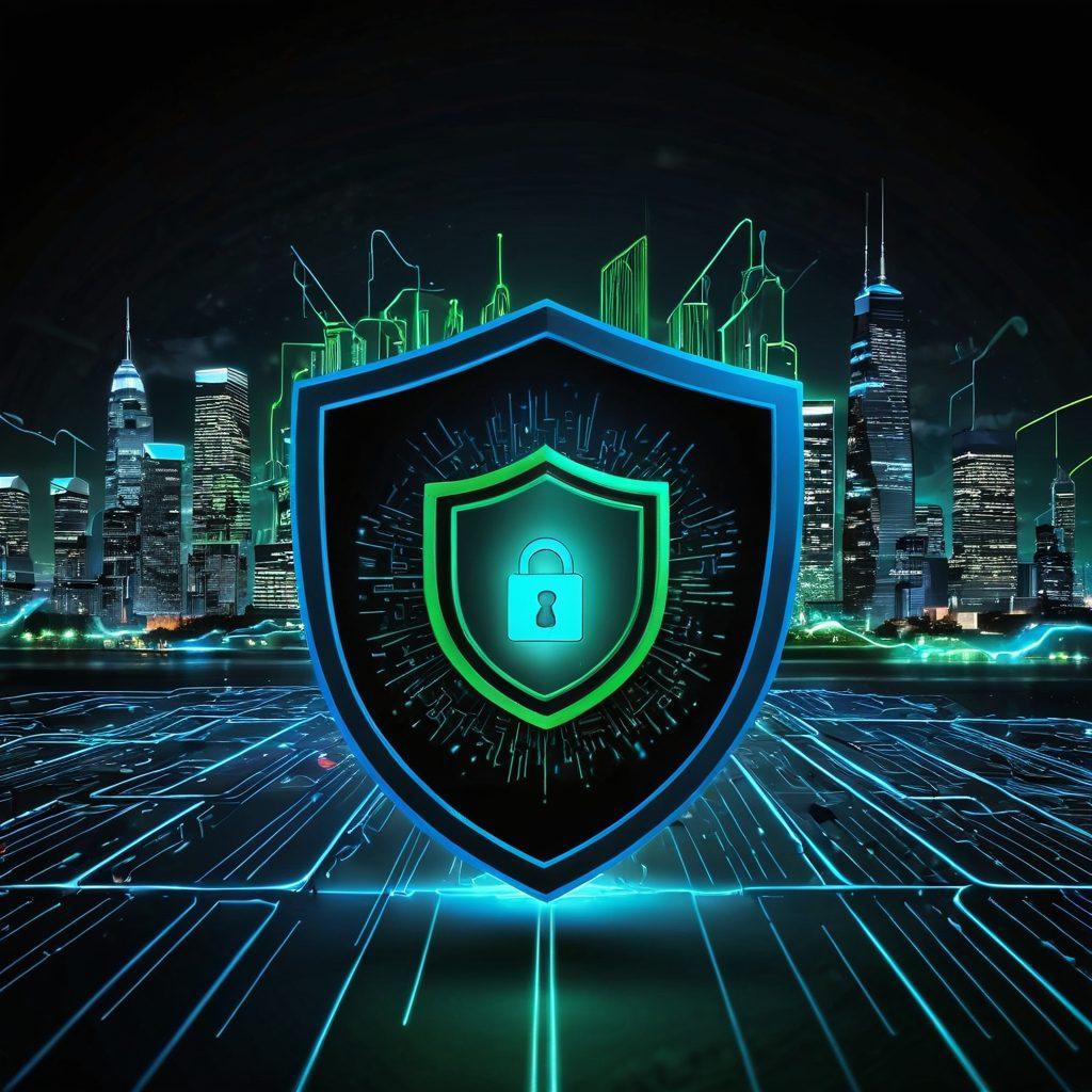 A digital landscape showcasing a secure browsing environment, featuring a glowing shield symbol that represents protection against cyber threats, alongside floating icons of popular browsers and locks, against a backdrop of binary code and circuit patterns. Incorporate a futuristic city skyline in the distance, emphasizing the theme of digital security. The overall tone should be sleek and modern, with neon blue and green accents to highlight technology. super-realistic. vibrant colors. dark background.