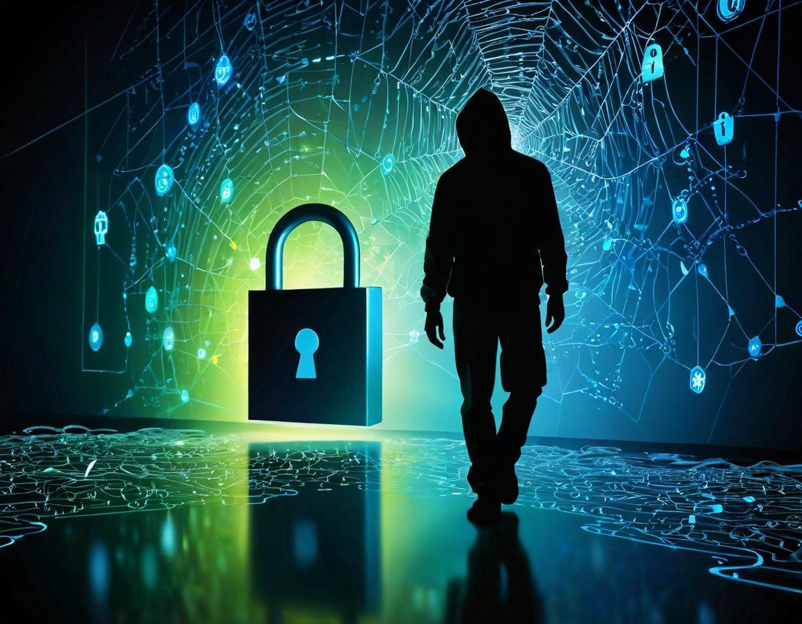 A digital landscape featuring a shadowy figure examining a glowing, intricate web of data connections and footprints. In the foreground, a locked padlock and floating security icons symbolize protection. Lively hues of blue and green illuminate the scene, highlighting technology's dual nature. Include keywords like 'privacy', 'identity', and 'digital security' subtly embedded within the design. super-realistic. vibrant colors. 3D.
