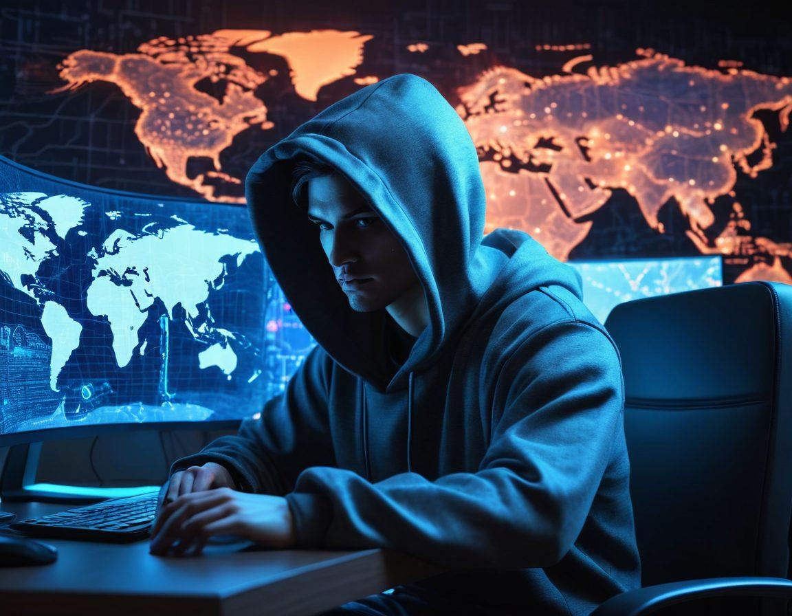 A mysterious figure in a hoodie sitting at a computer with a world map in the background, surrounded by elements like locks, shields, and digital code representing cybersecurity. Soft dimmed lights for an enigmatic atmosphere. Emphasis on privacy and safety while surfing the internet. cyberpunk. vibrant colors. 3D.